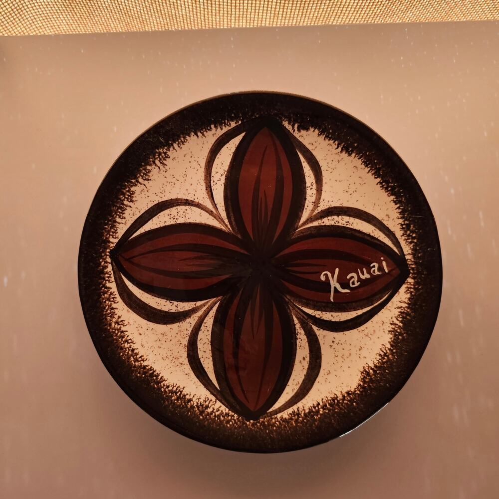 Vintage Hawaii Hand Painted Glazed Ceramic Plate Signed by Elle 1983 Brown Dish